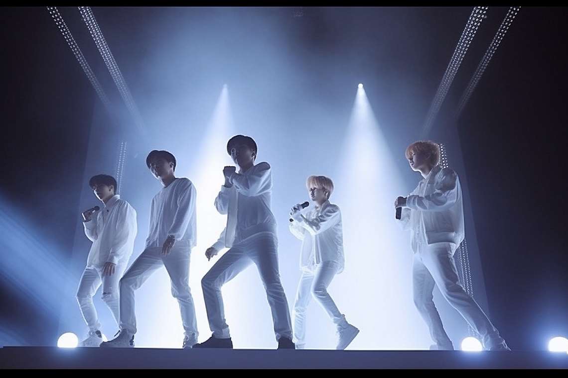 Генерирано изображение на измислена K-pop група.